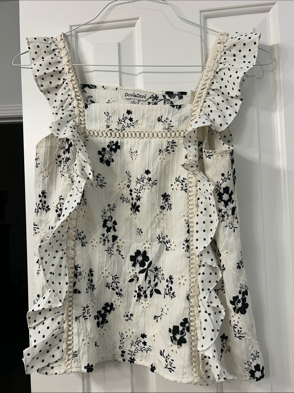 DAVI & DANI eyelet Cream Top with Black Floral and Polka Dot Ruffles